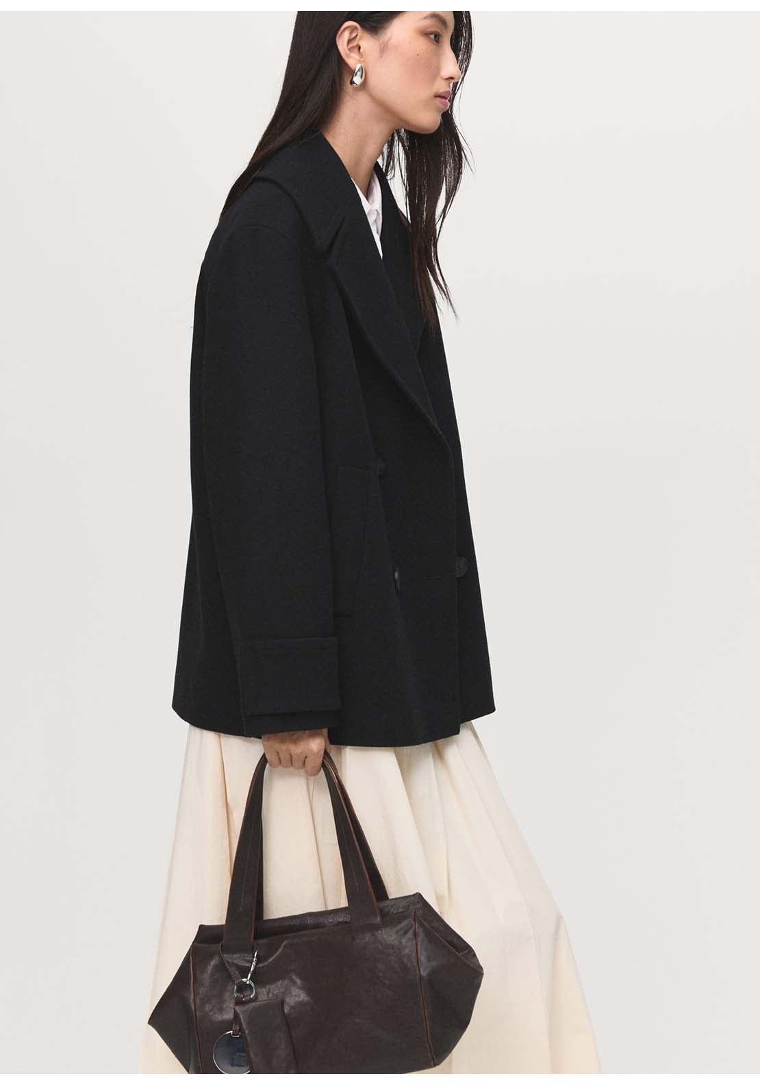 Double-Breasted Wool Blend Coat - Black