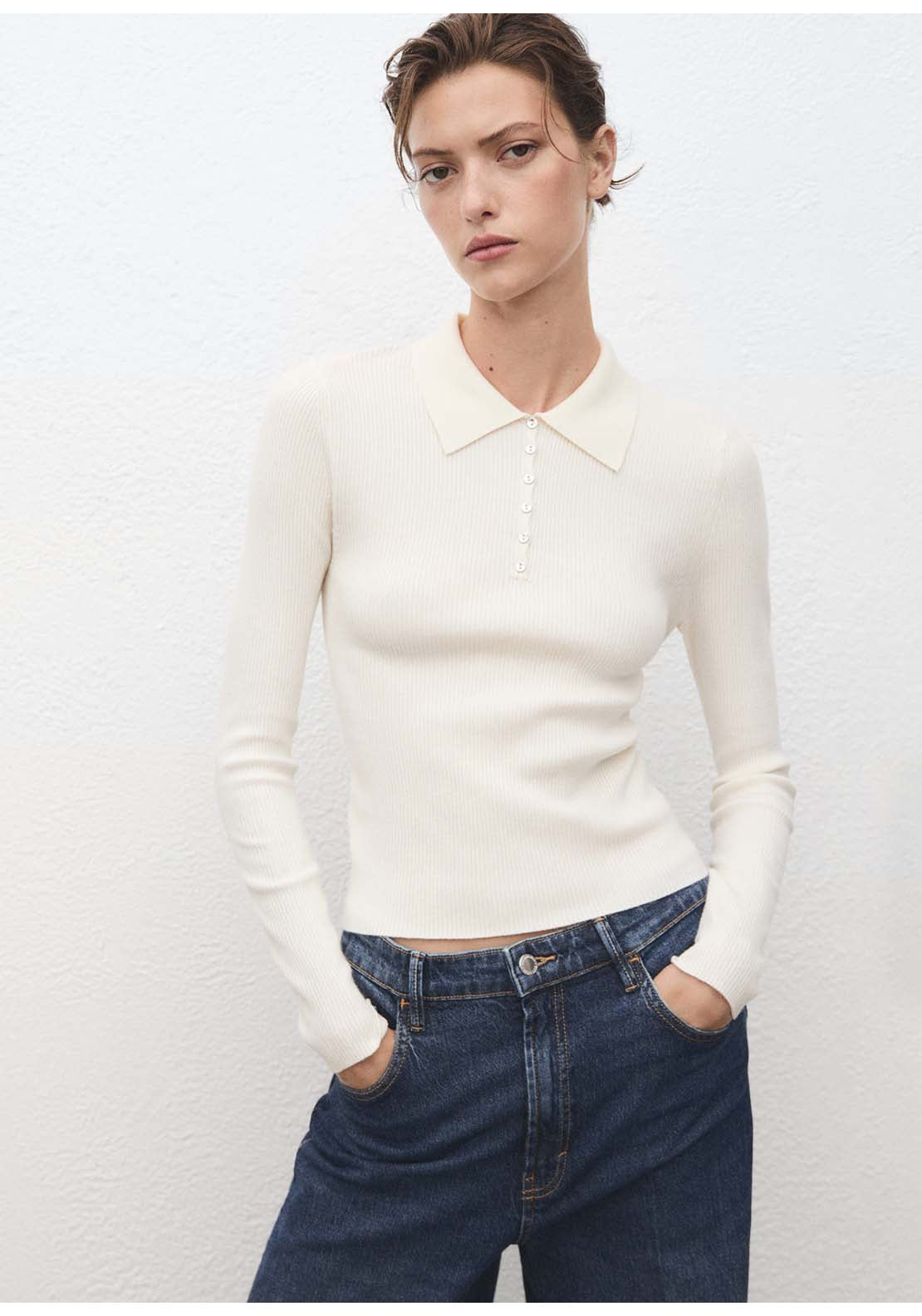 Polo Neck Ribbed Sweater - Beige