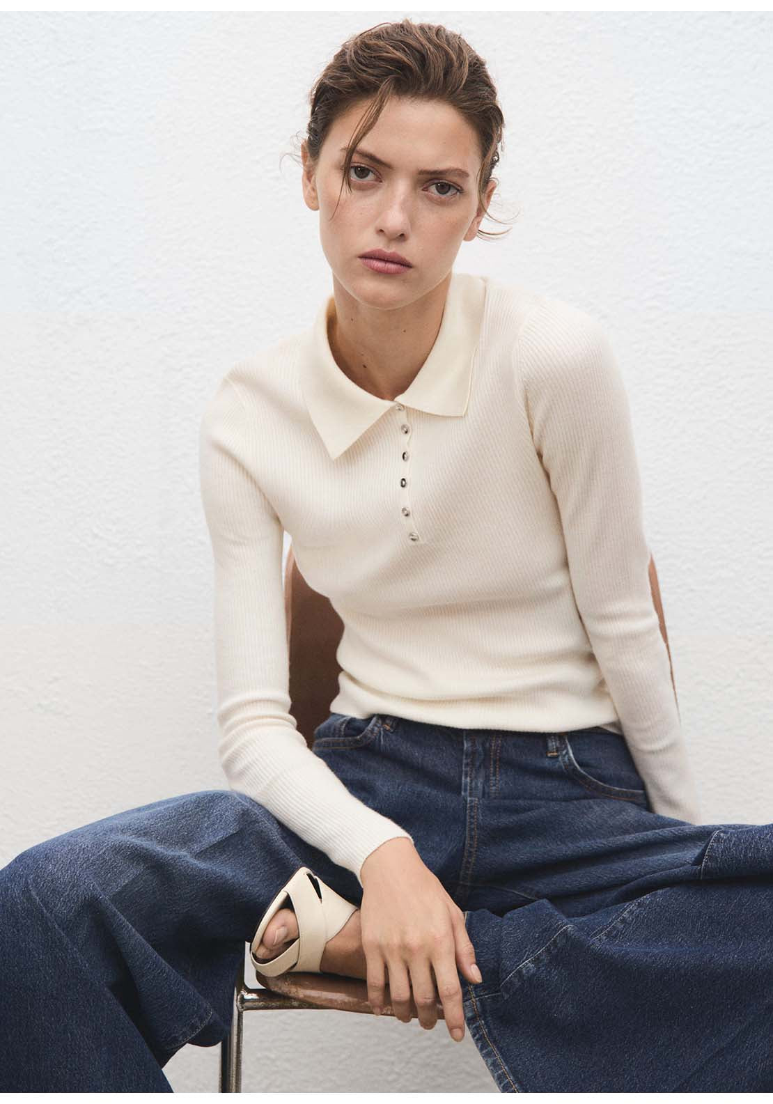 Polo Neck Ribbed Sweater - Beige