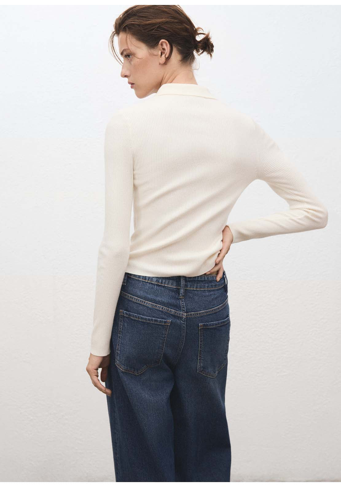 Polo Neck Ribbed Sweater - Beige