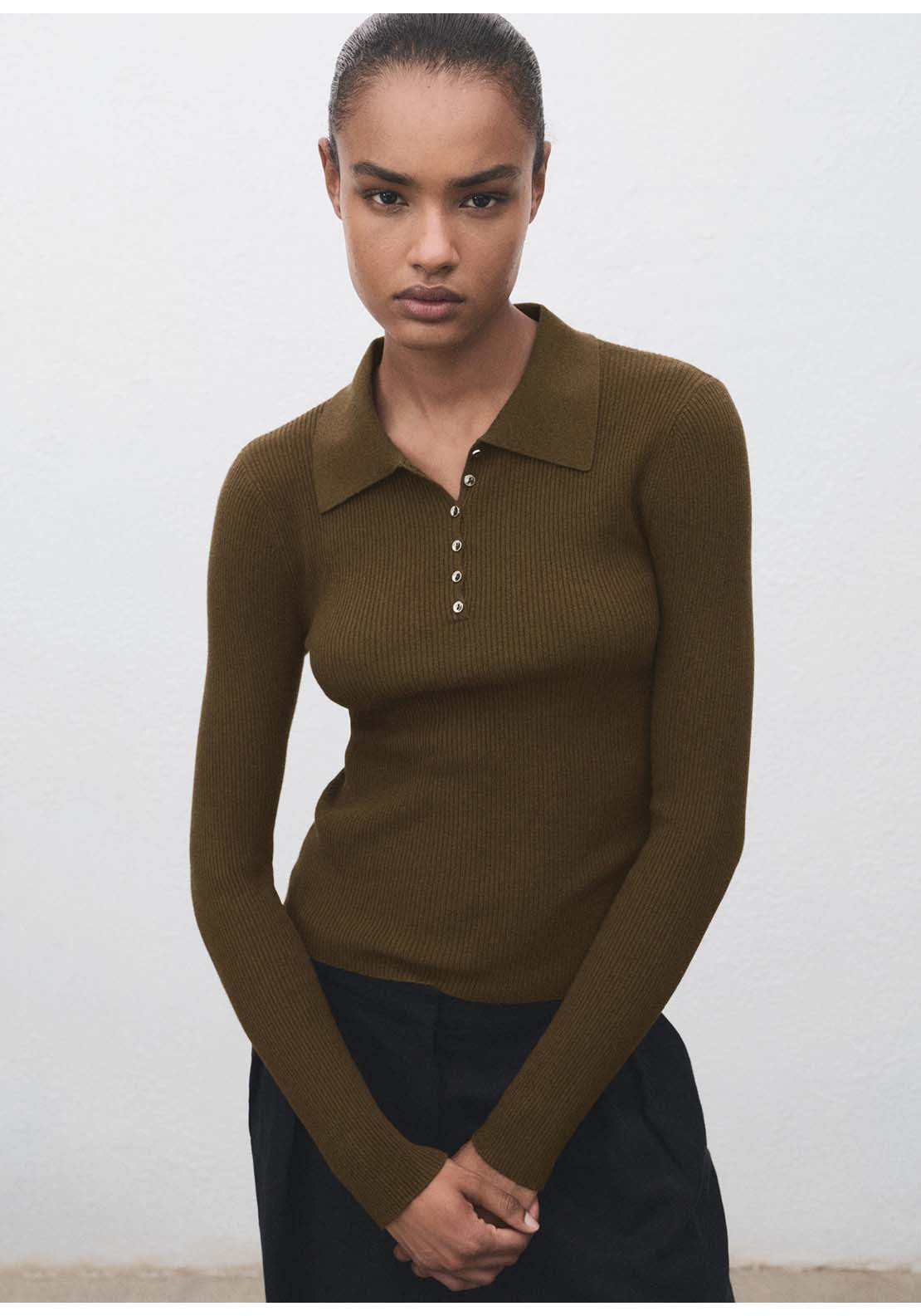 Polo Neck Ribbed Sweater - Beige / Green