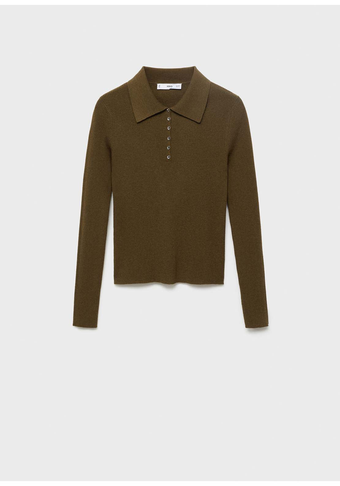 Polo Neck Ribbed Sweater - Beige / Green