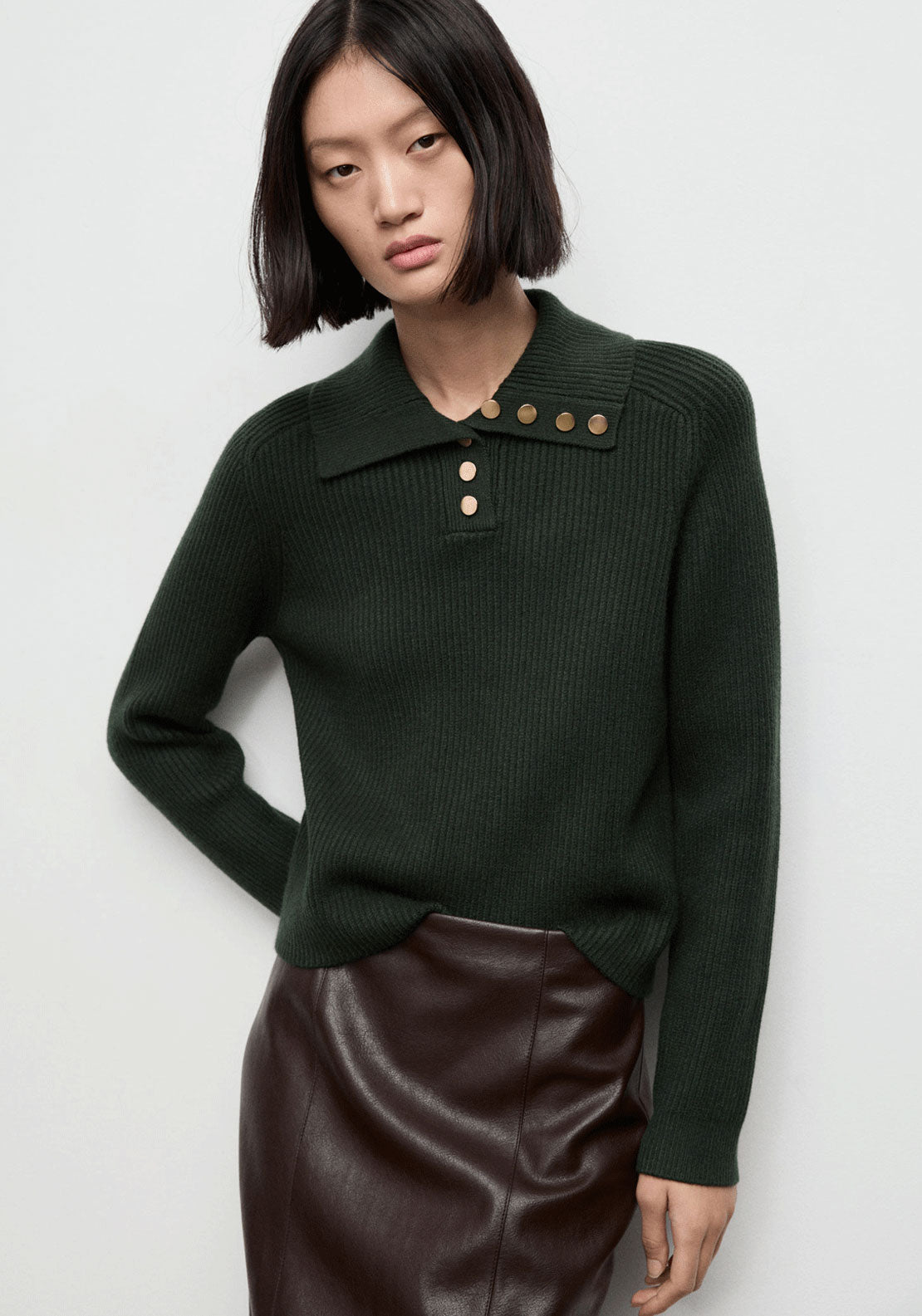 Ribbed Polo Neck Sweater With Buttons - Green