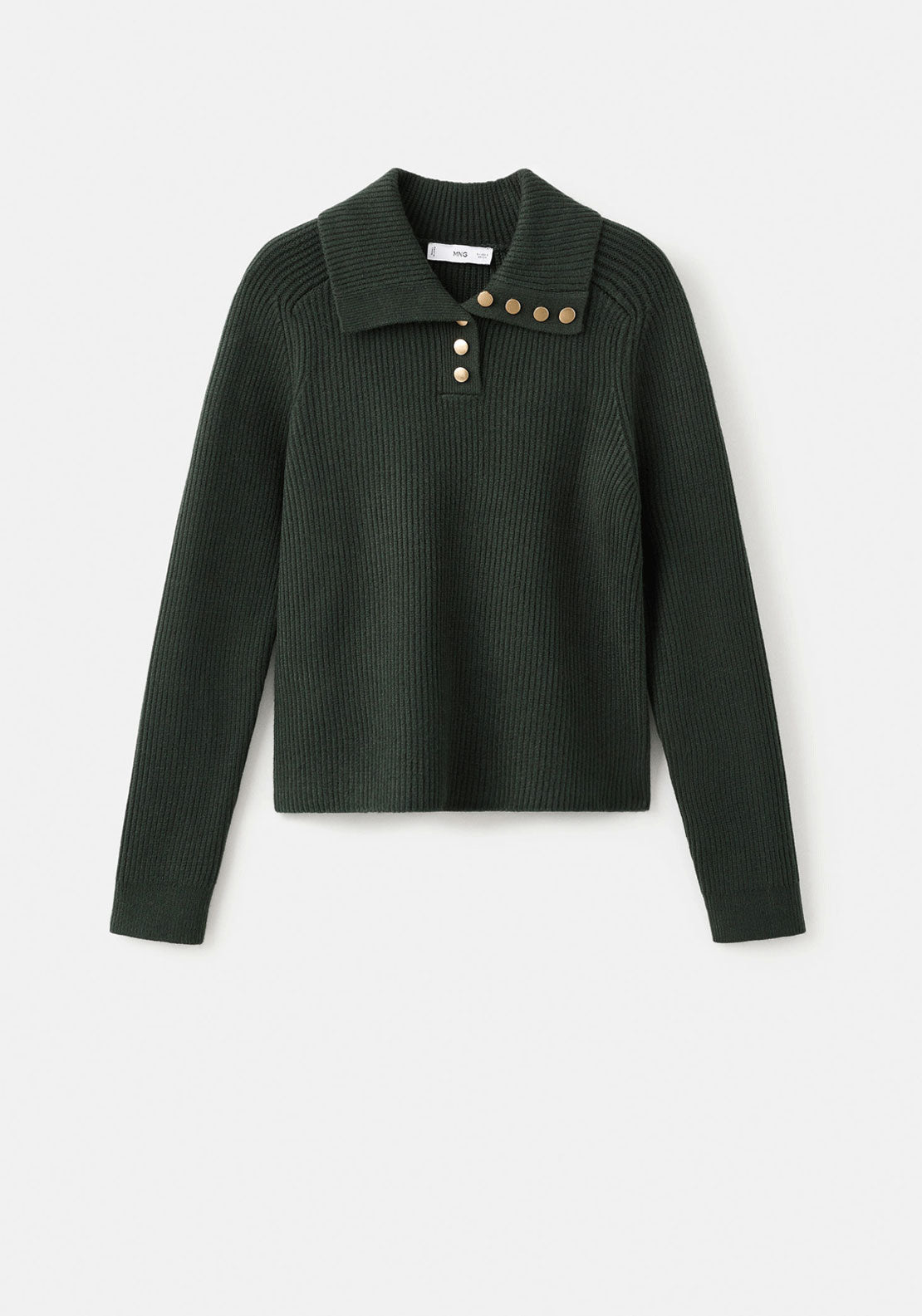 Ribbed Polo Neck Sweater With Buttons - Green