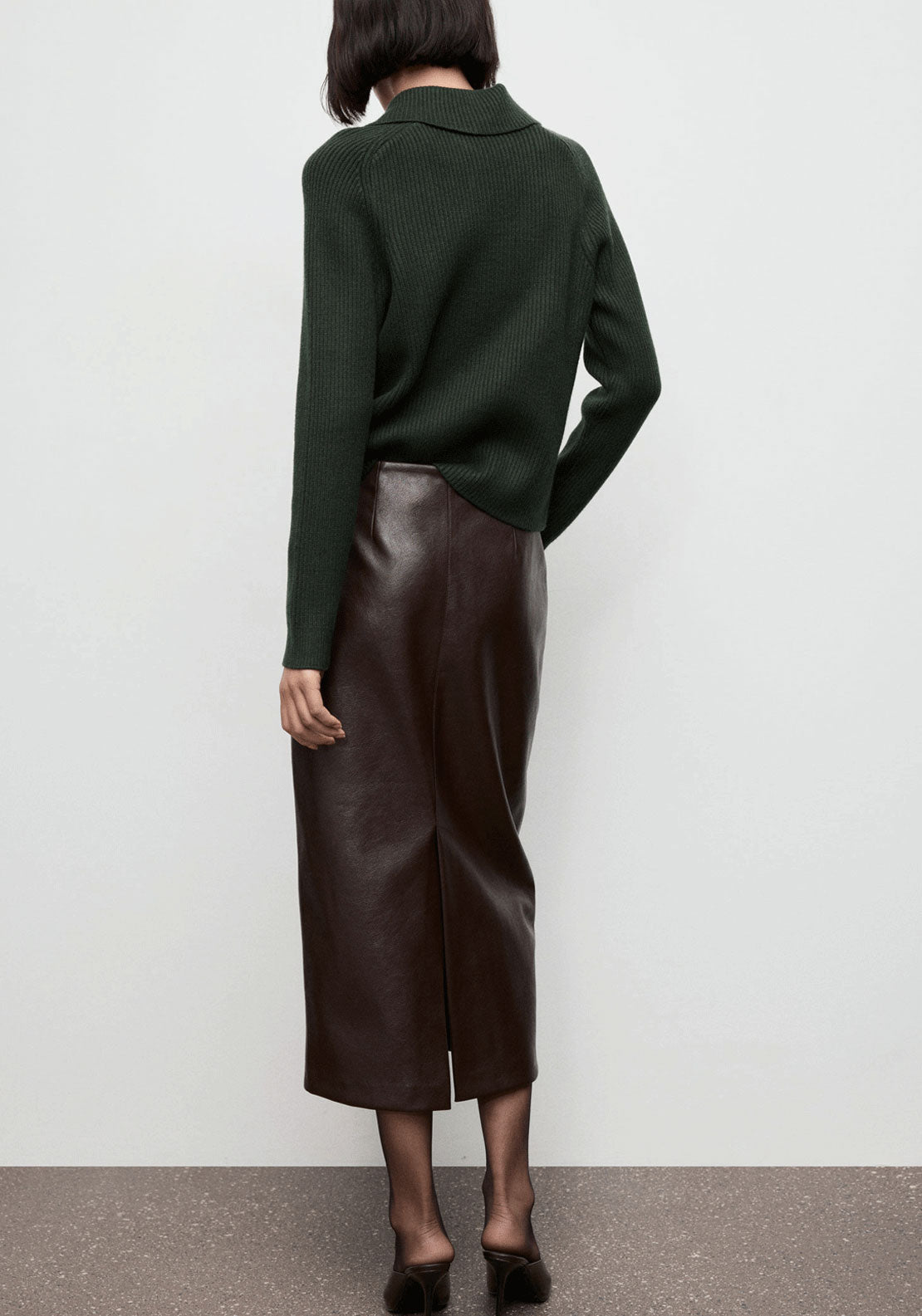 Ribbed Polo Neck Sweater With Buttons - Green