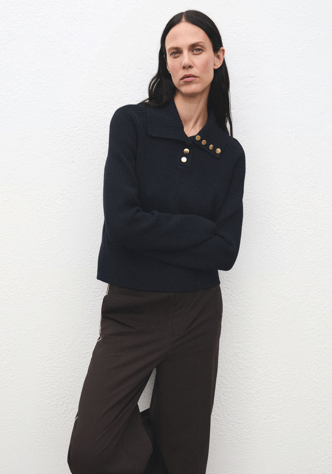 Ribbed Polo Neck Sweater With Buttons - Blue