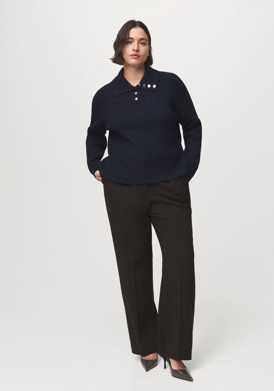 Ribbed Polo Neck Sweater With Buttons - Blue