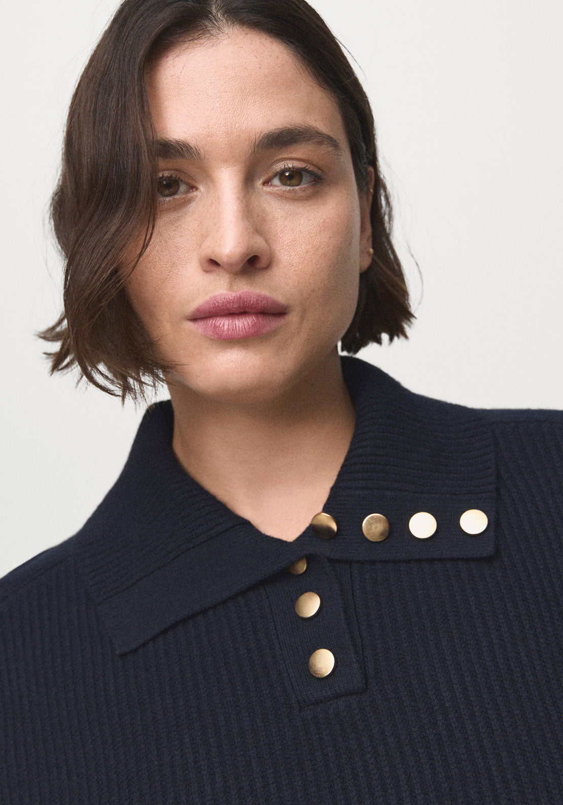 Ribbed Polo Neck Sweater With Buttons - Blue