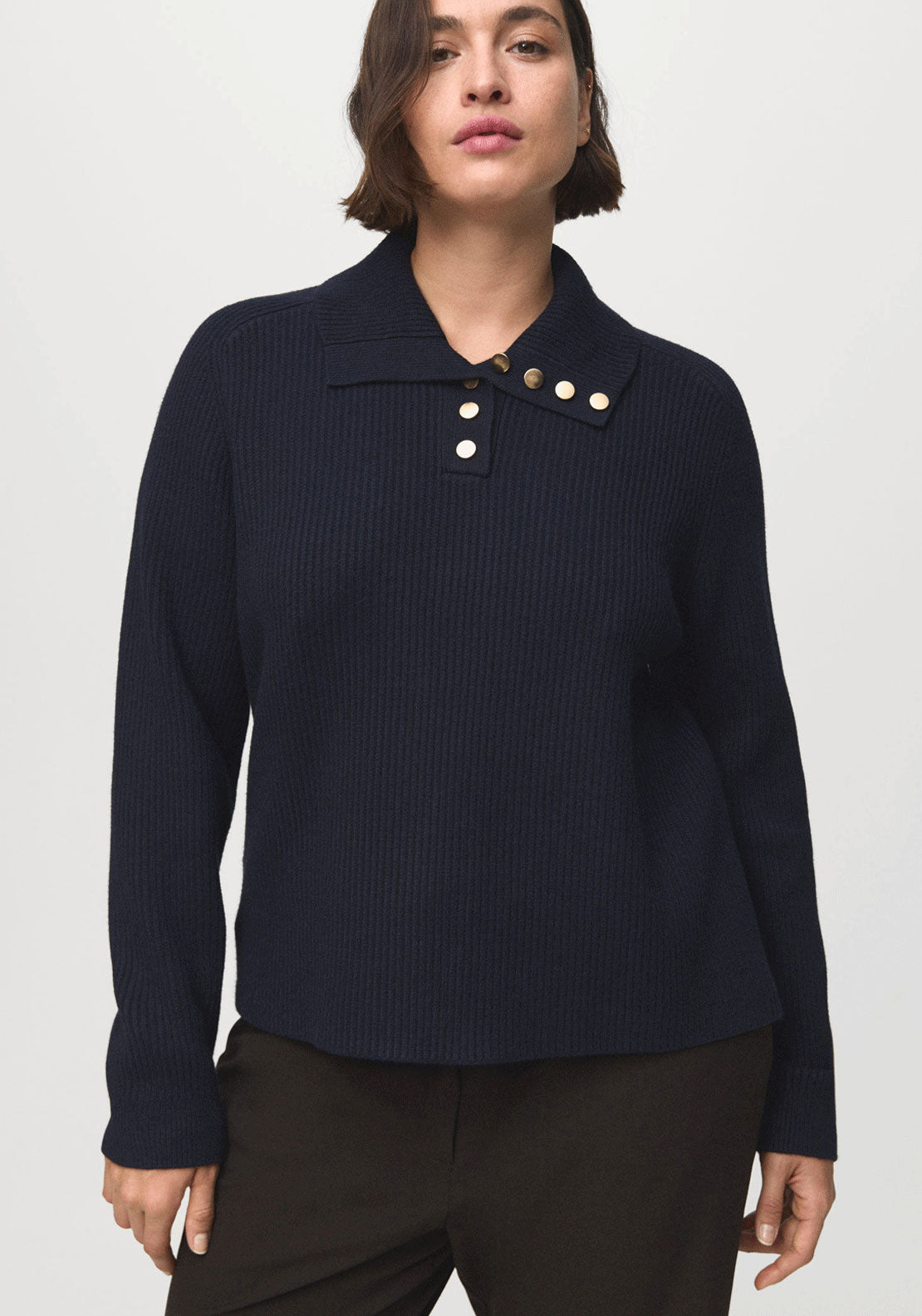 Ribbed Polo Neck Sweater With Buttons - Blue