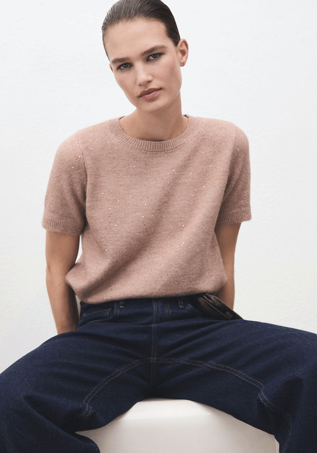 Knitted Lurex Fabric Sweater - Pink