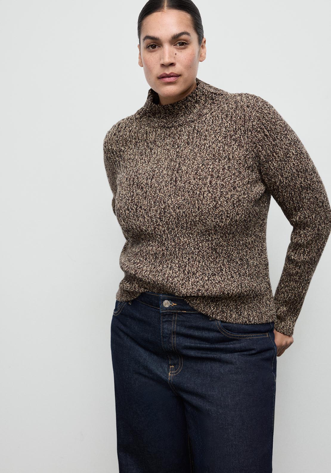 Speckled Perkins Neck Sweater - Brown