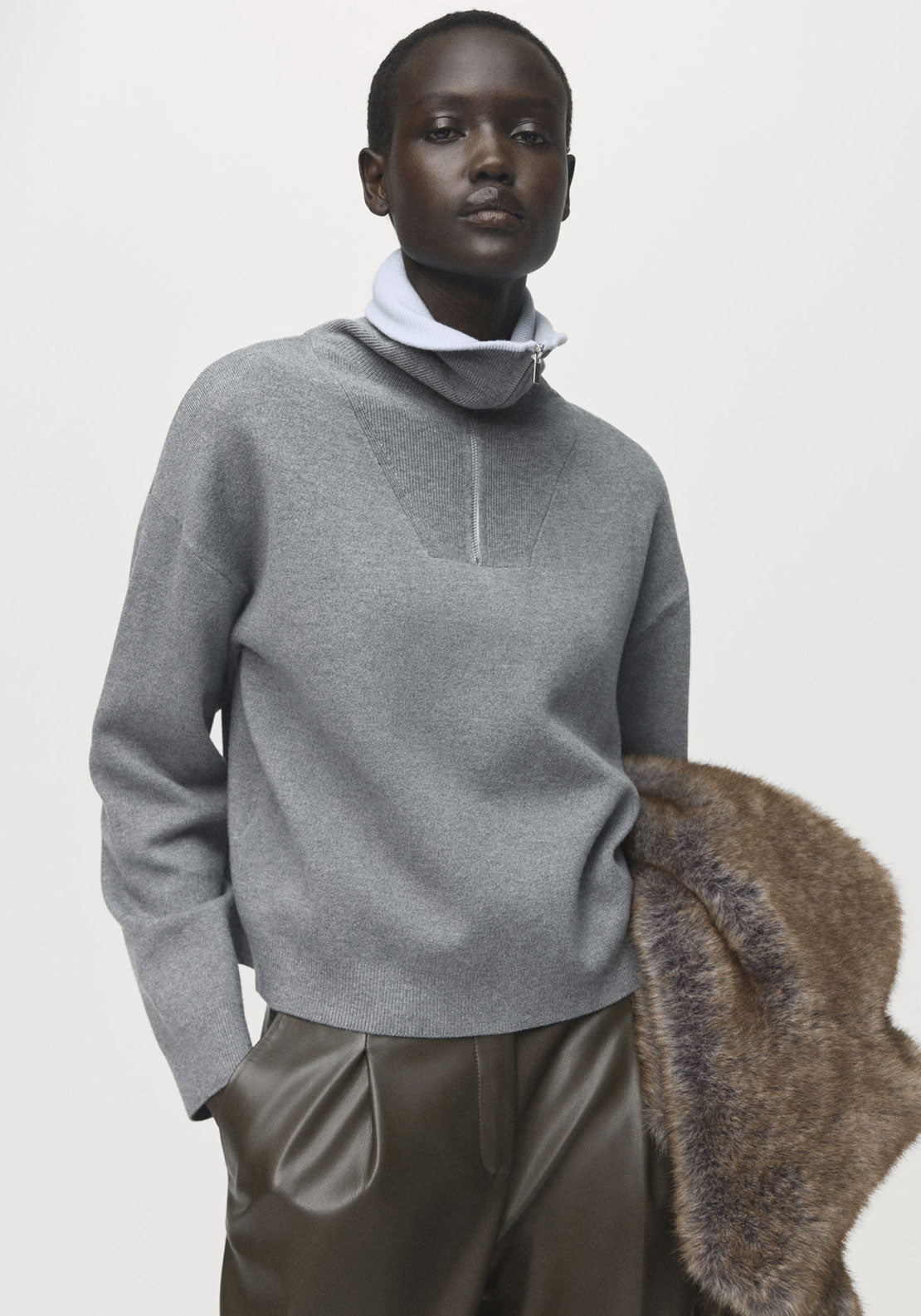 Knitted Fabric Sweater With Zip - Grey