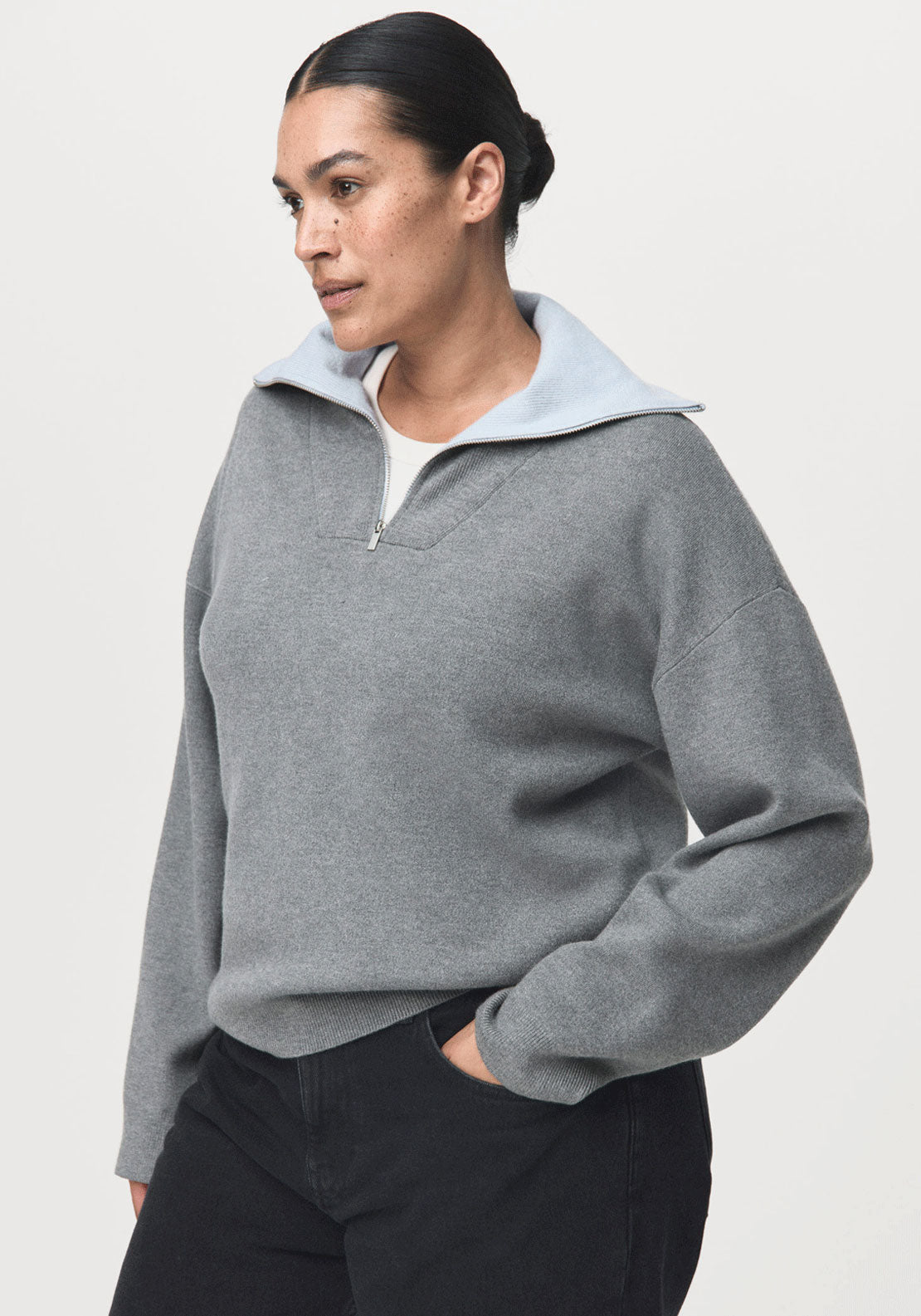 Knitted Fabric Sweater With Zip - Grey
