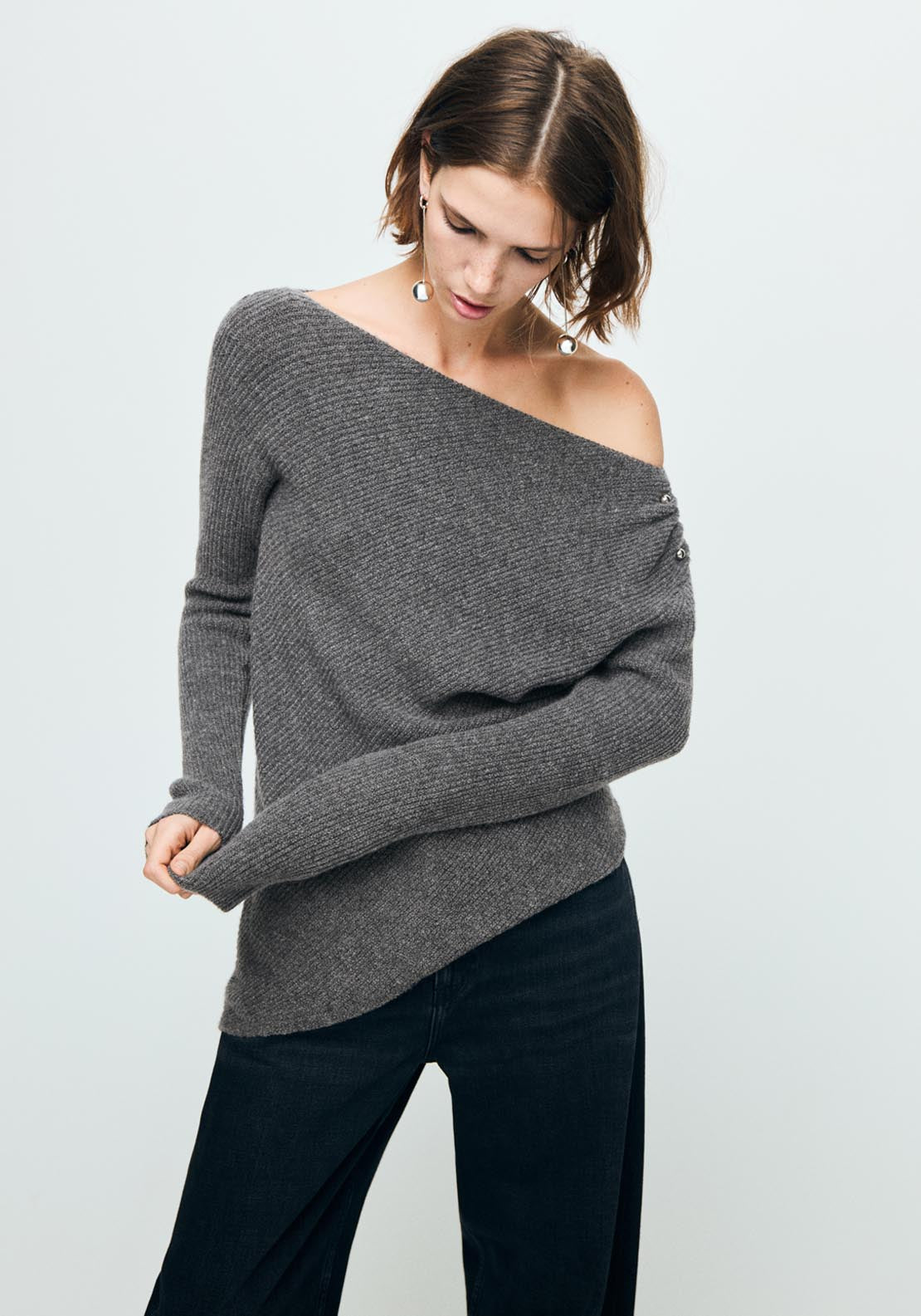 Asymmetrical Sweater With Metallic Detail - Grey