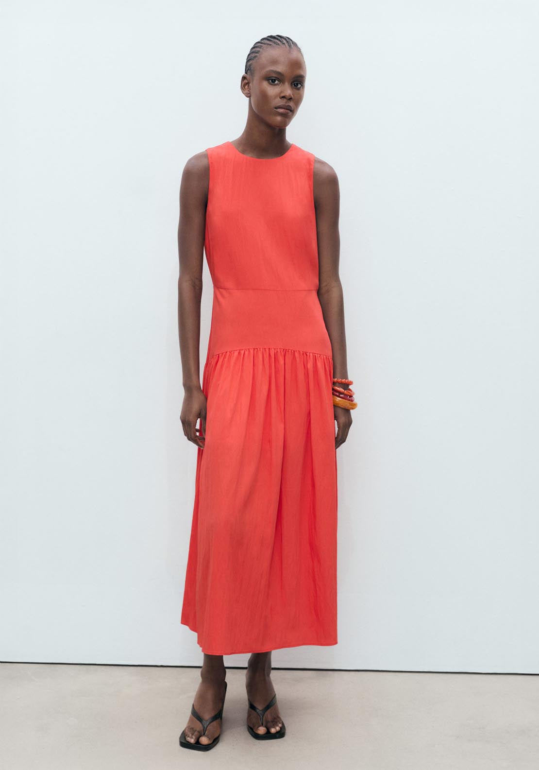 Mango Long Dress With Gathered Hem - Bright Red 1 Shaws Department Stores