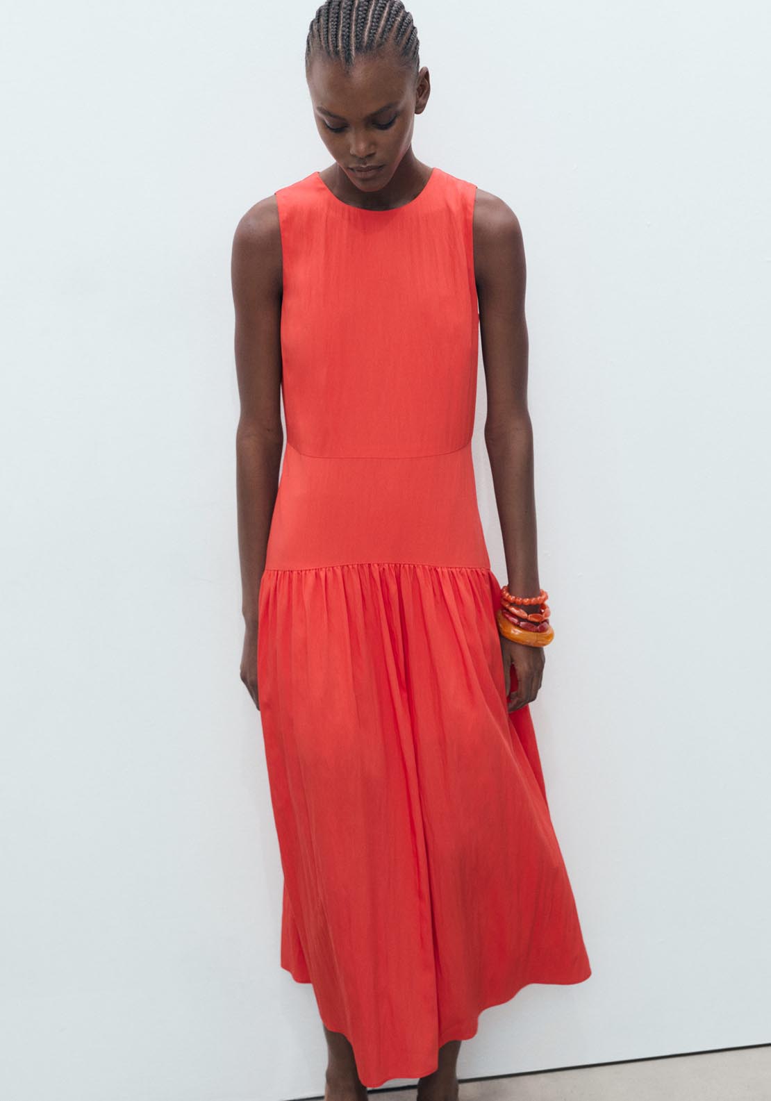 Mango Long Dress With Gathered Hem - Bright Red 4 Shaws Department Stores