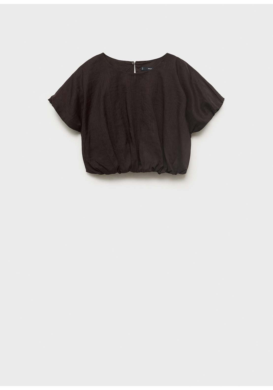Ramie Cropped Balloon Blouse - Brown