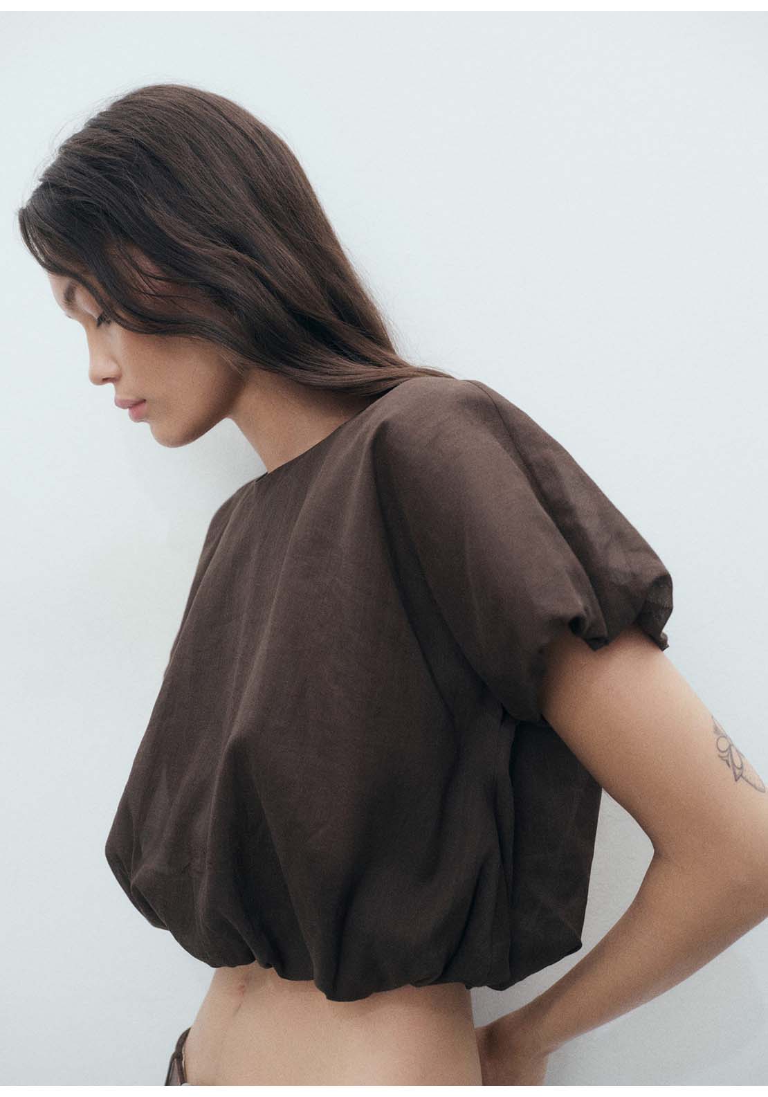 Ramie Cropped Balloon Blouse - Brown