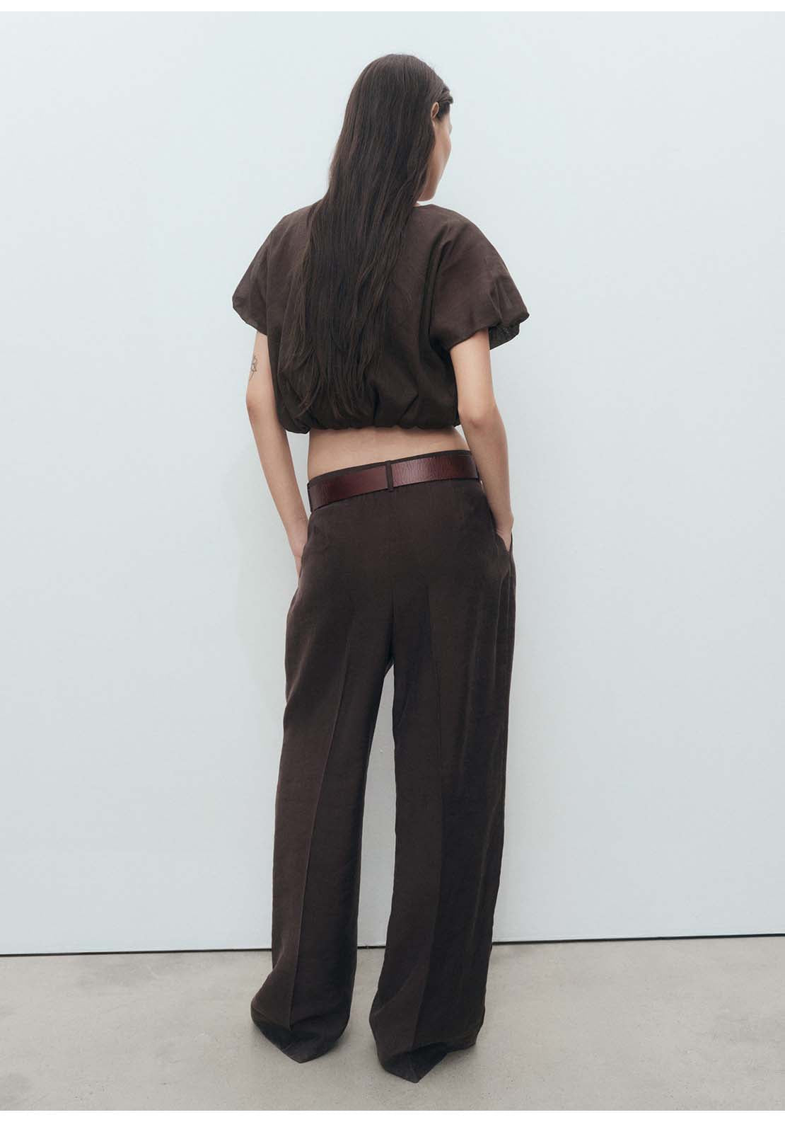 Ramie Cropped Balloon Blouse - Brown