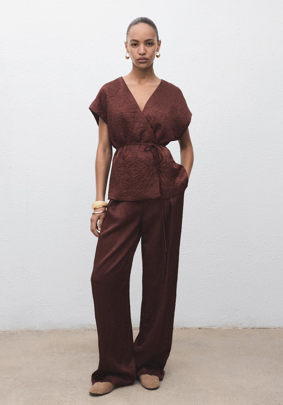 Mango Straight Leg Crinkled Effect Trousers - Brown 4 Shaws Department Stores