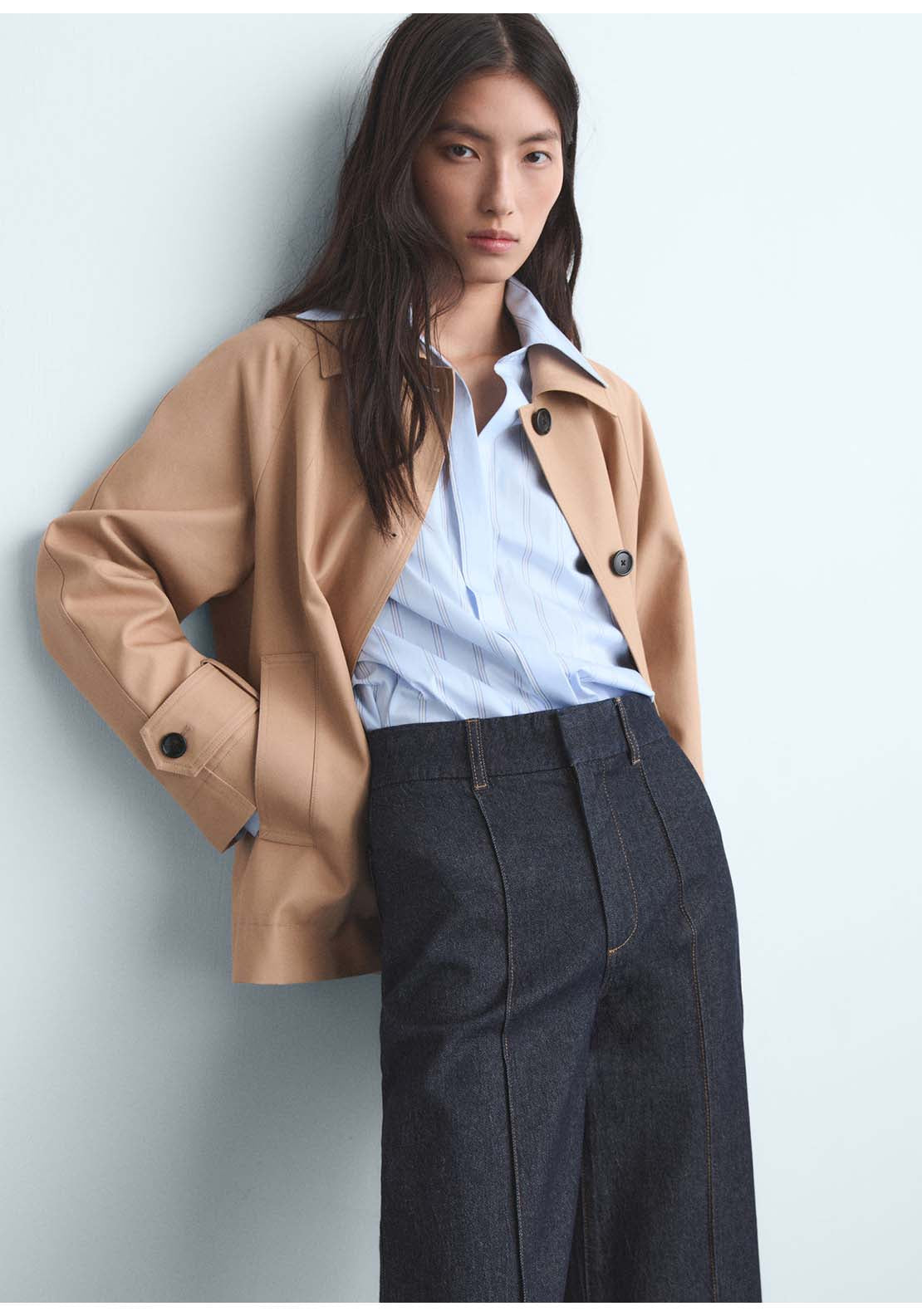 High-Waisted Culotte Jeans With Stitching - Blue