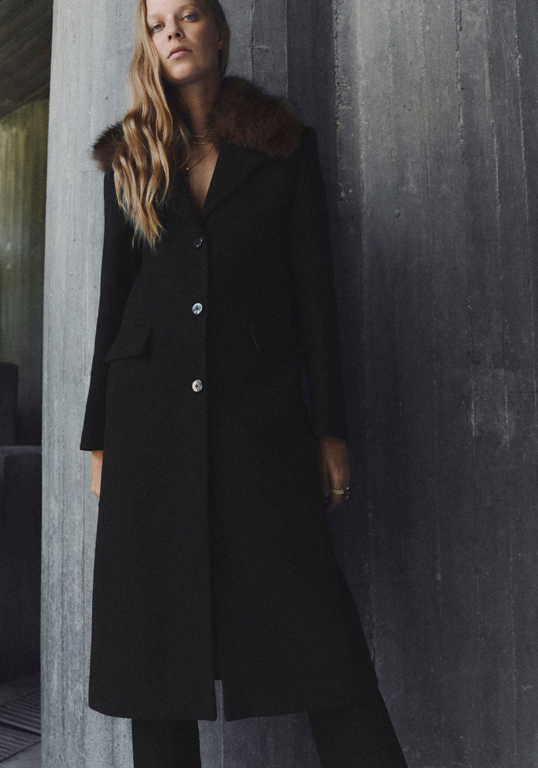 Wool Coat With Fur Collar - Black