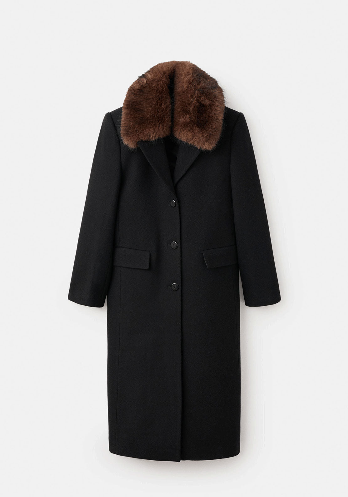 Wool Coat With Fur Collar - Black