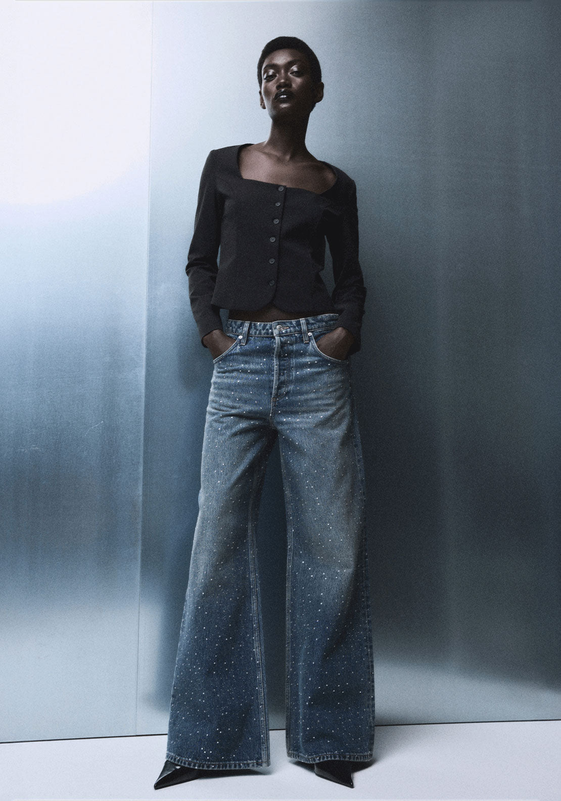 Wide Jeans With Rhinestones - Blue