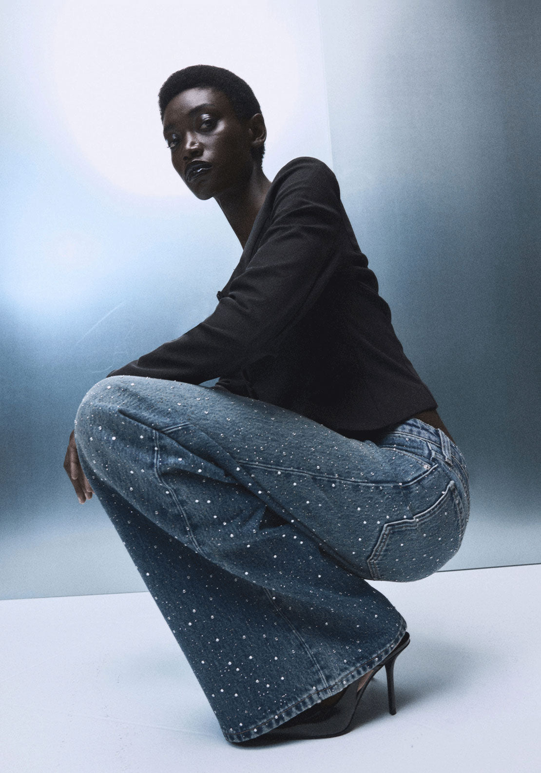 Wide Jeans With Rhinestones - Blue