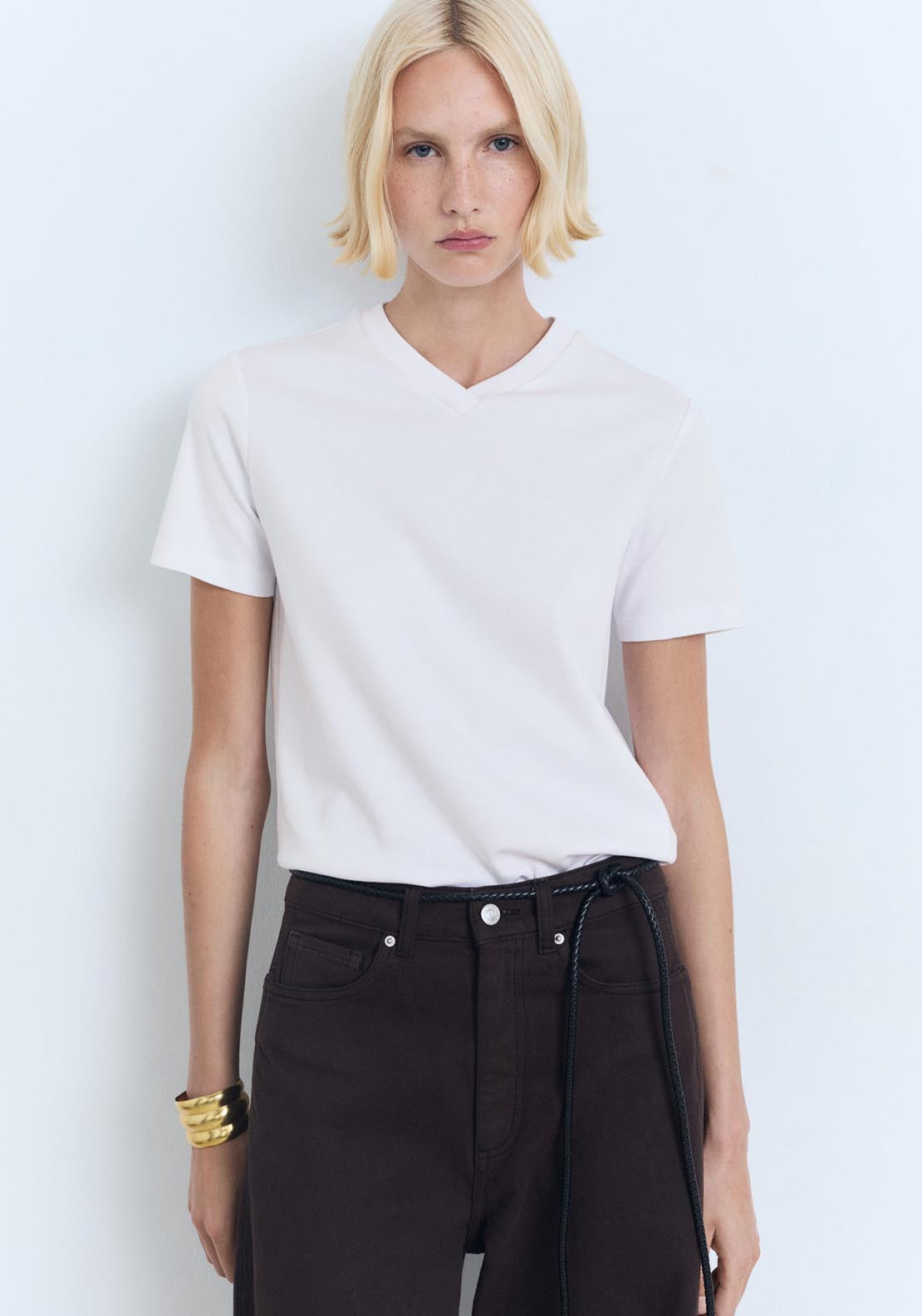 Mango Short Sleeve V Neck T-Shirt - White 1 Shaws Department Stores