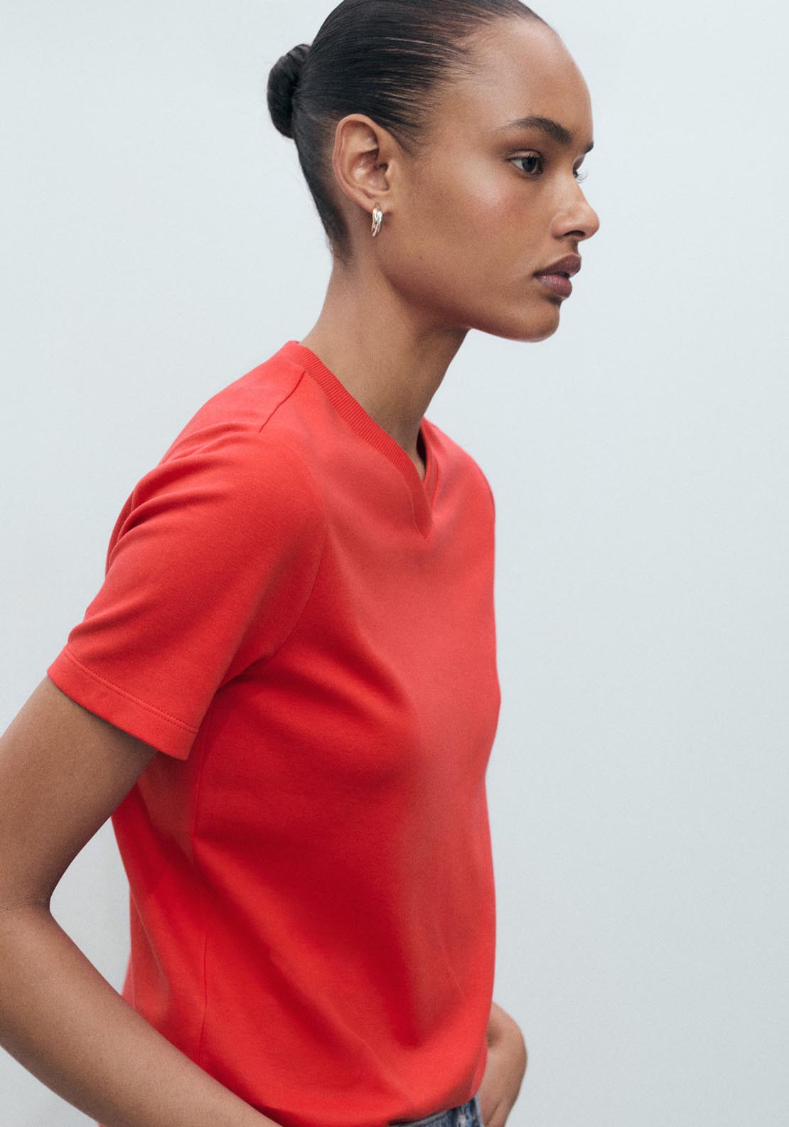 Mango Short Sleeve V Neck T-Shirt - Red 3 Shaws Department Stores