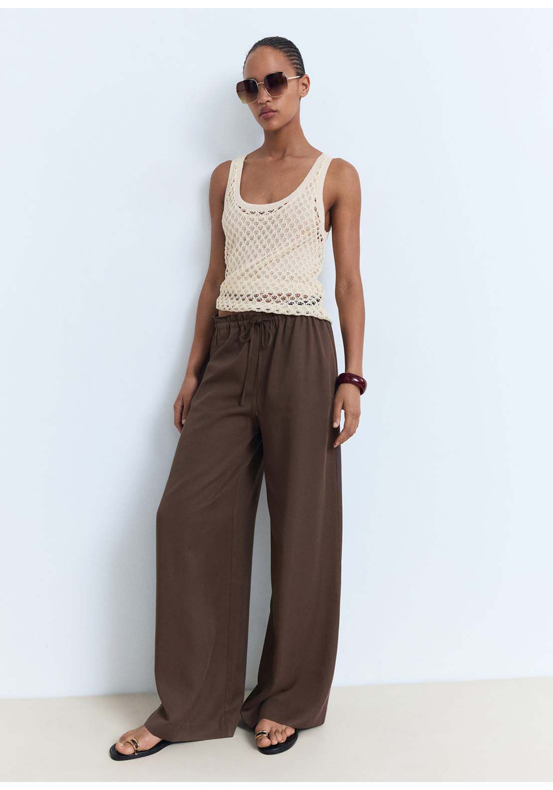 Lyocell Wideleg Trousers With Drawstring - Brown