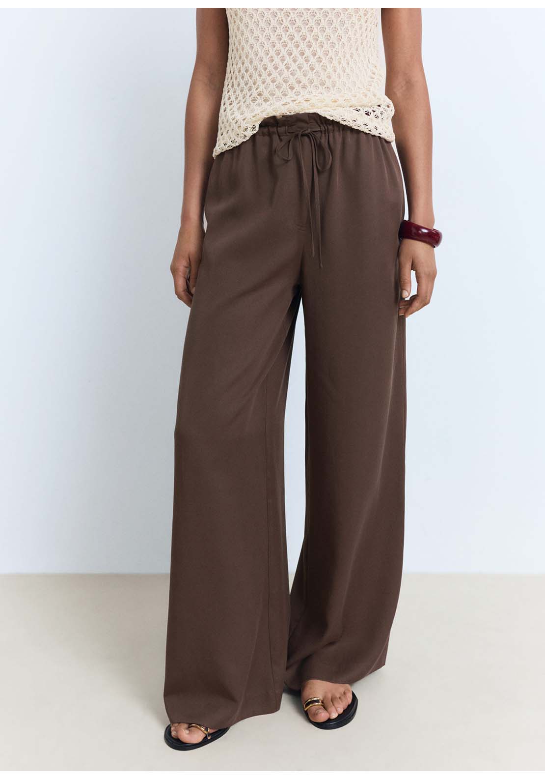 Lyocell Wideleg Trousers With Drawstring - Brown