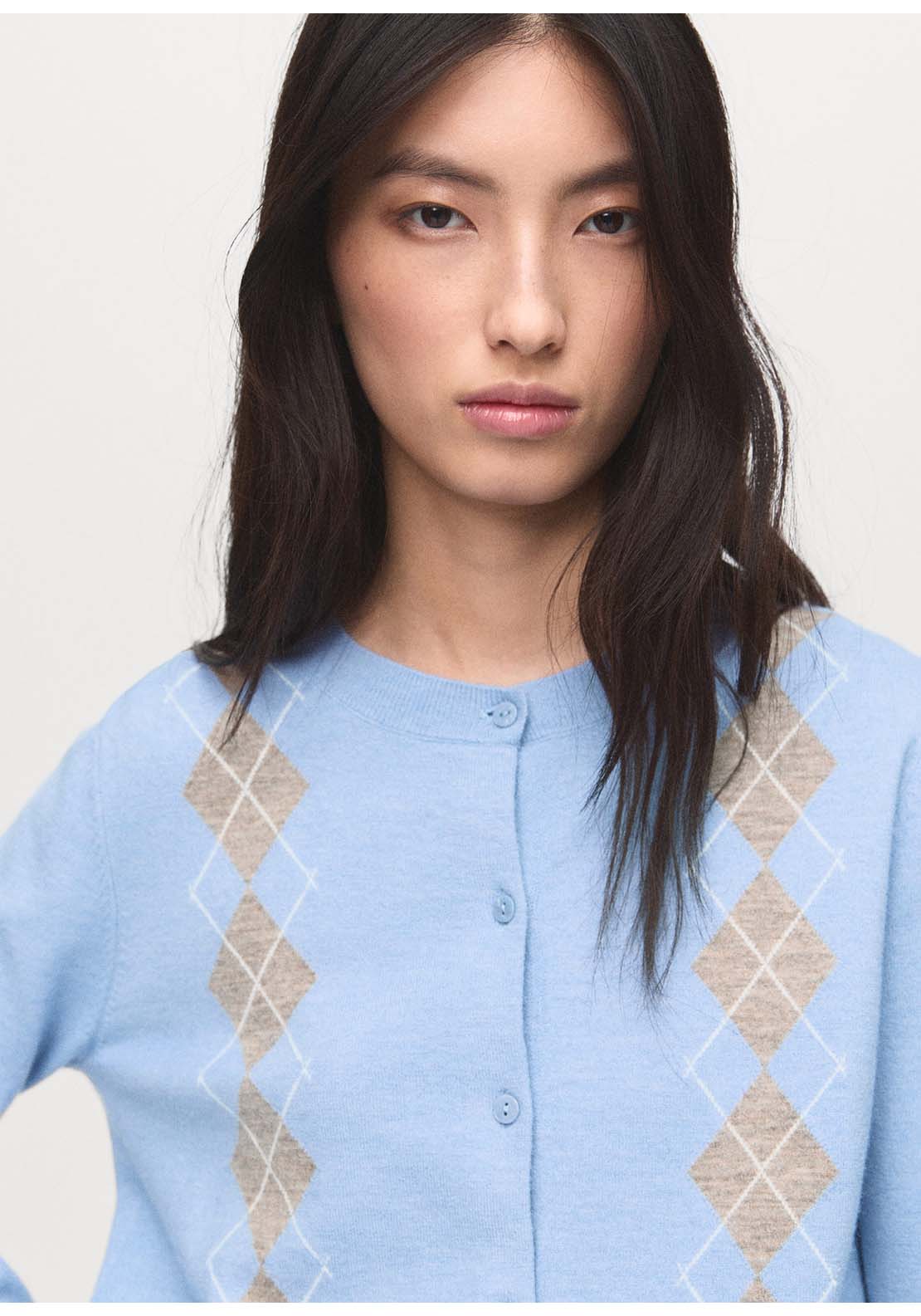 Knitted Cardigan With Diamonds - Blue