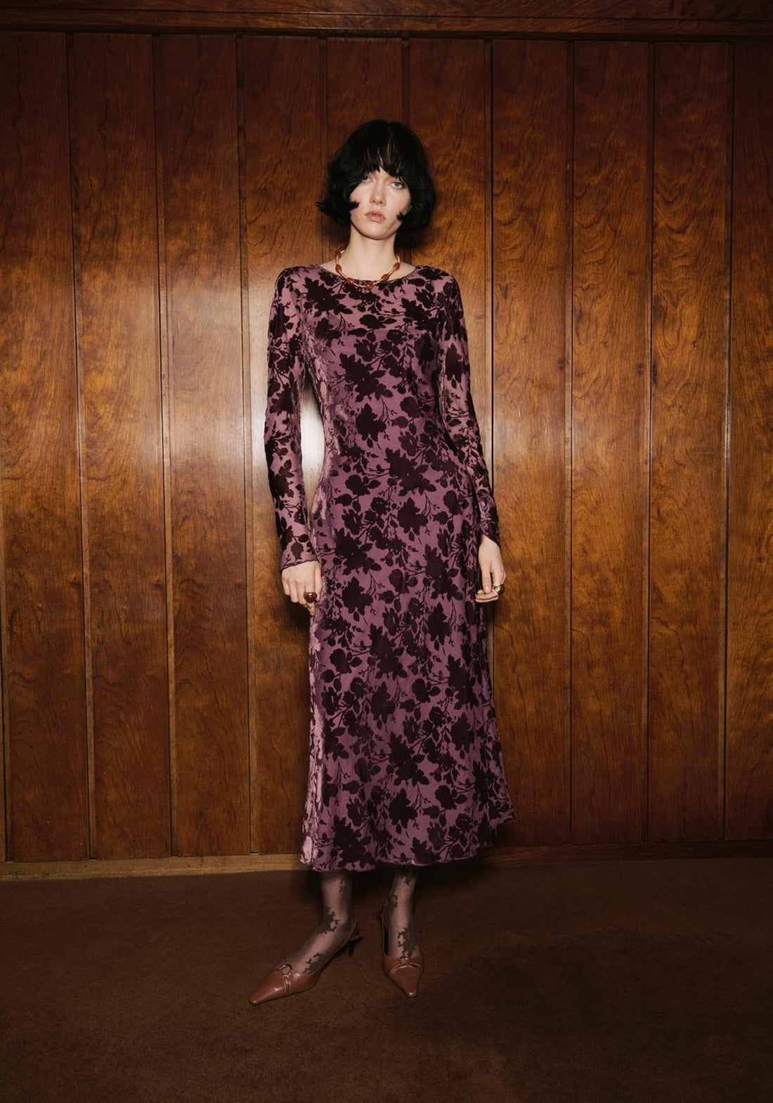 burgundy active dress Floral Jacquard Dress With Bell Sleeves