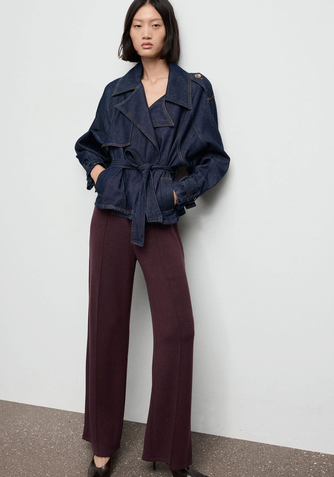 Seam Detail Straight Fit Trousers - Burgundy