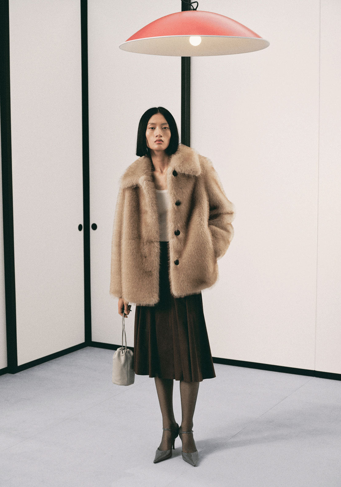 Fur Effect Coat With Buttons - Cream