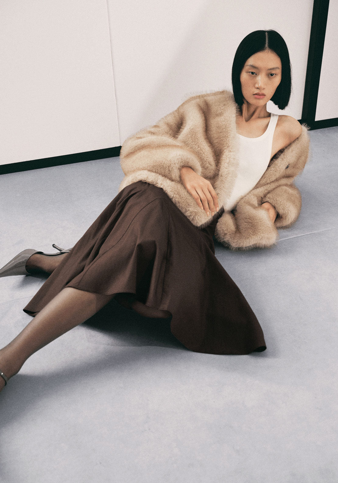 Fur Effect Coat With Buttons - Cream