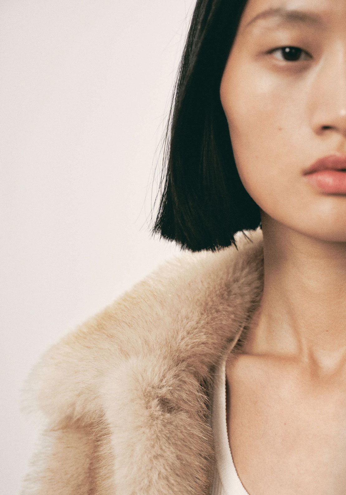 Fur Effect Coat With Buttons - Cream