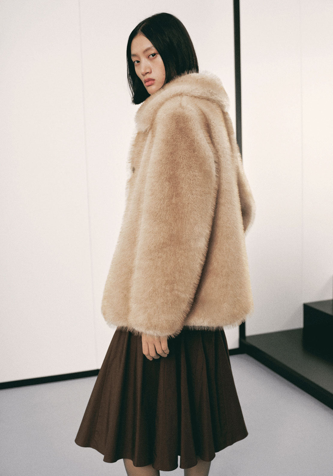 Fur Effect Coat With Buttons - Cream