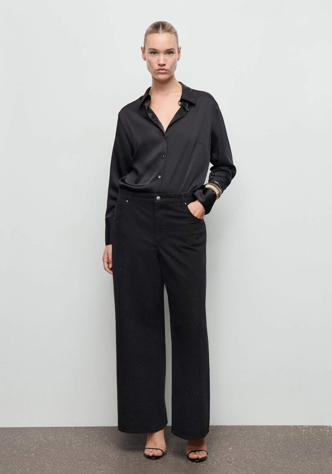 Mango Wide Leg Jeans With Rhinestones - Grey 4 Shaws Department Stores