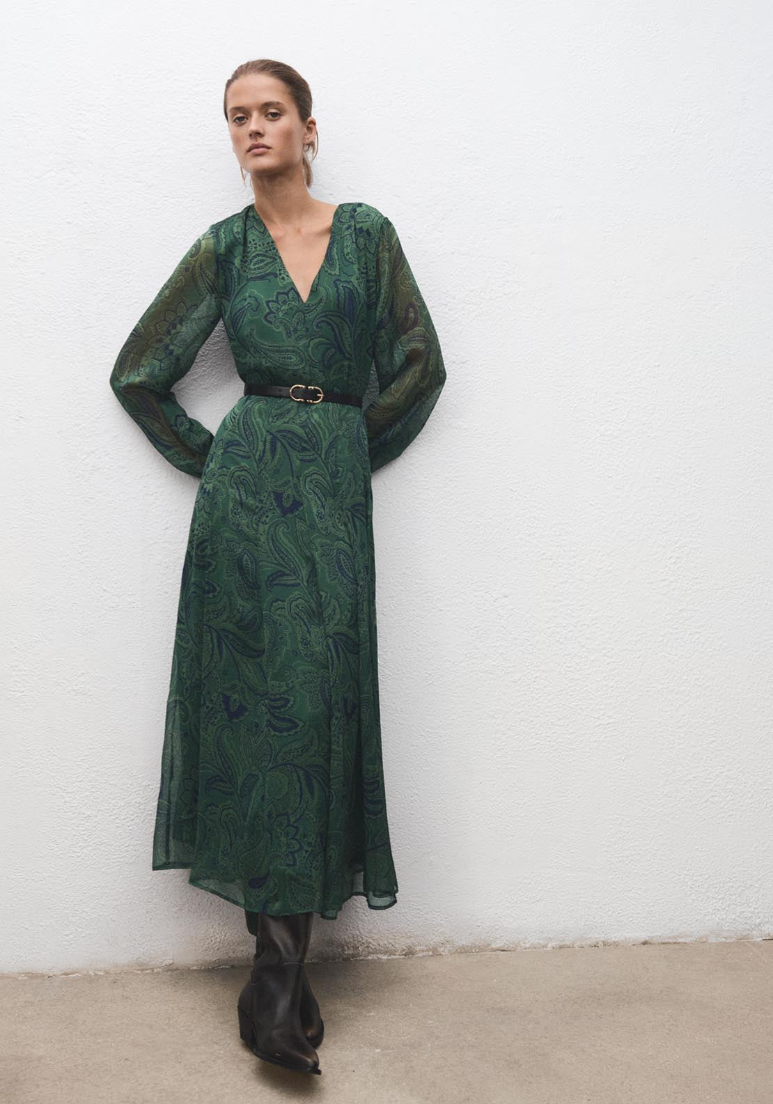 Mango Printed Dress with Belt - Green 1 Shaws Department Stores