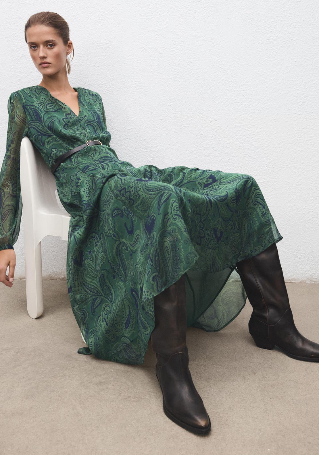 Mango Printed Dress with Belt - Green 5 Shaws Department Stores