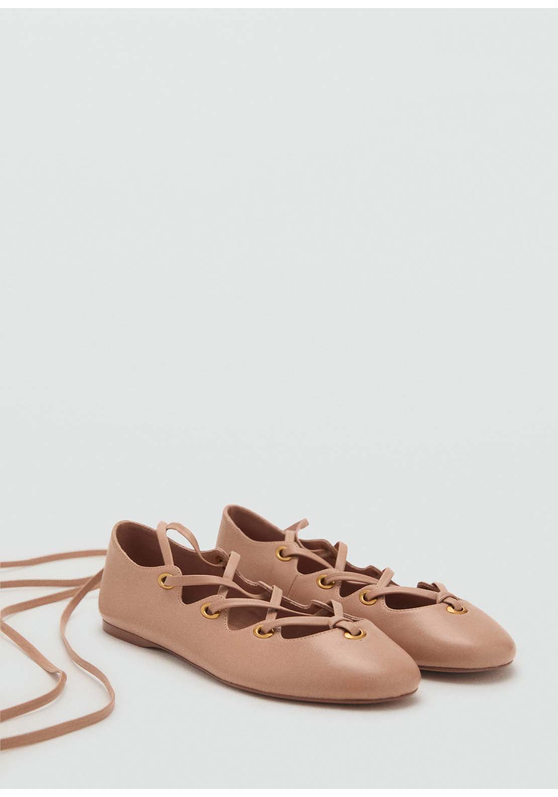Leather Ballet Flats With Crossed Straps - Pink