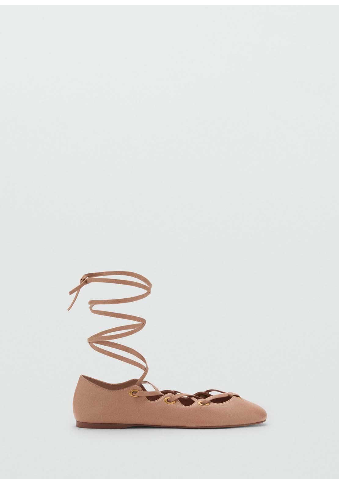 Leather Ballet Flats With Crossed Straps - Pink