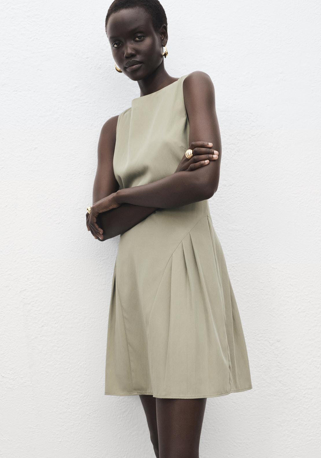 Mango Boat Neck Dress With Pleats - Beige / Green 1 Shaws Department Stores