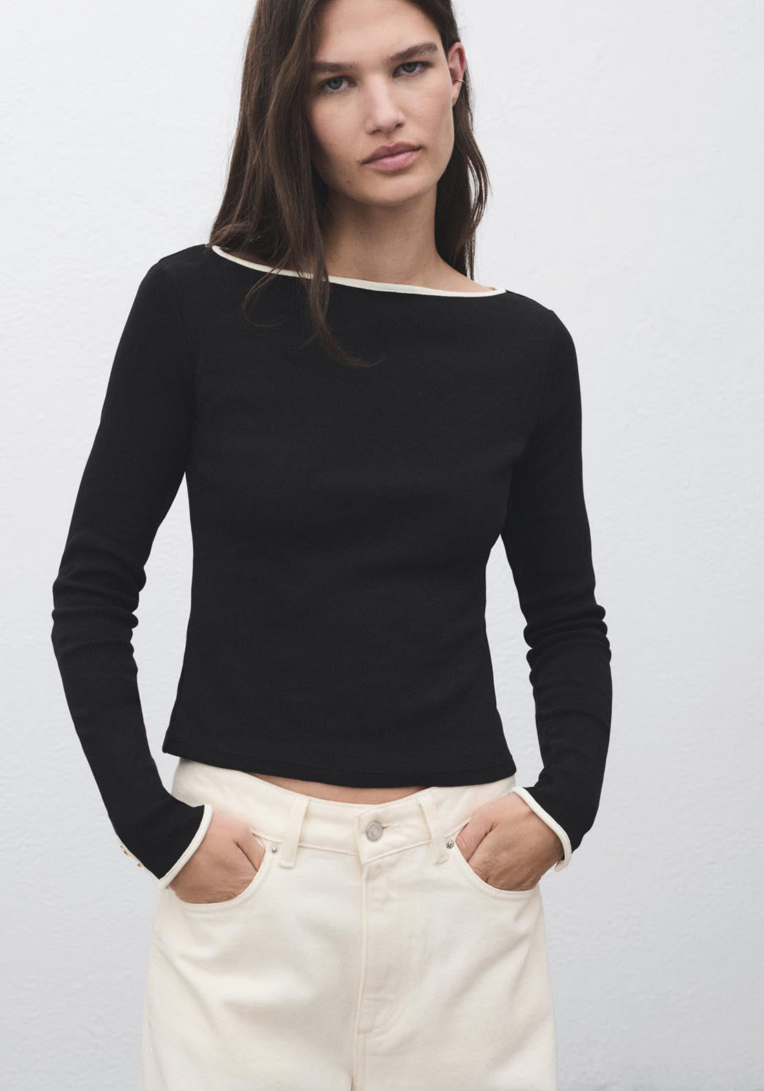 Mango Cotton T-Shirt With Buttoned Cuffs - Black 1 Shaws Department Stores