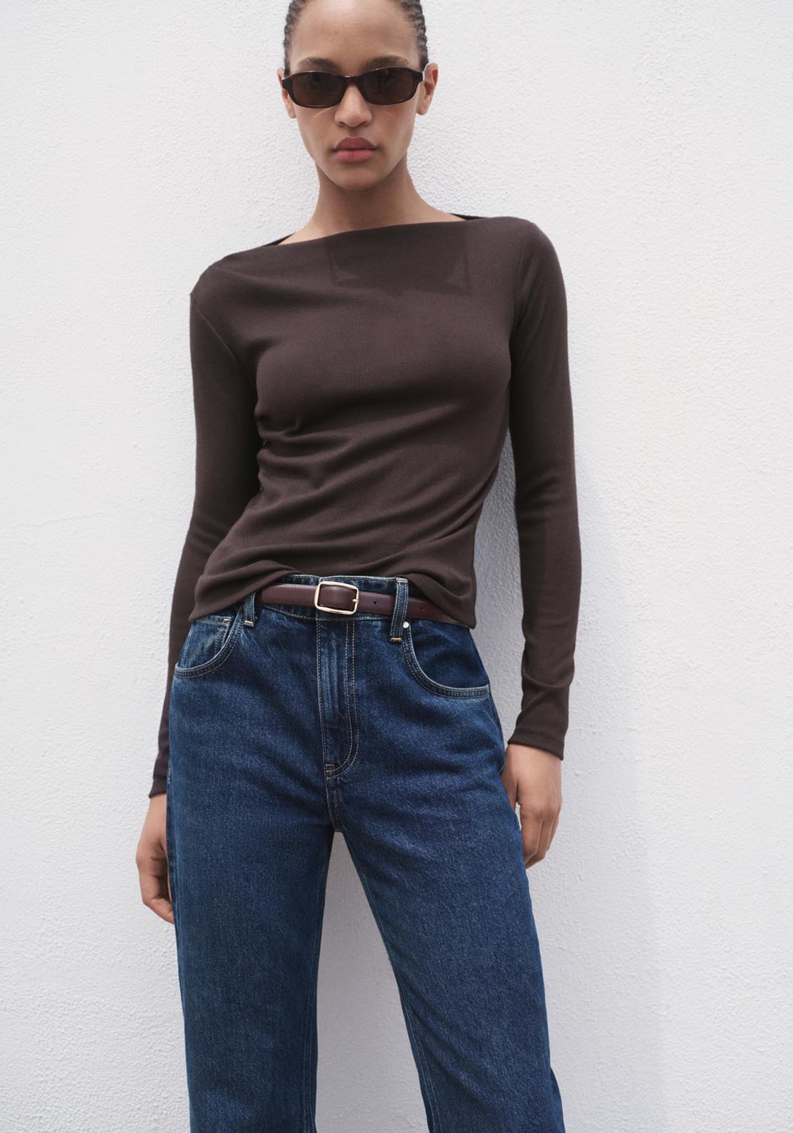 Mango Long Sleeved Boat Neck T-Shirt - Brown 1 Shaws Department Stores