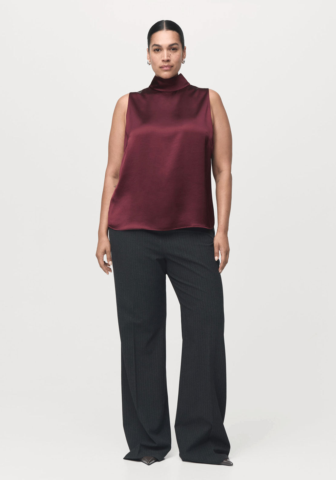 High Collar Satin Blouse - Burgundy