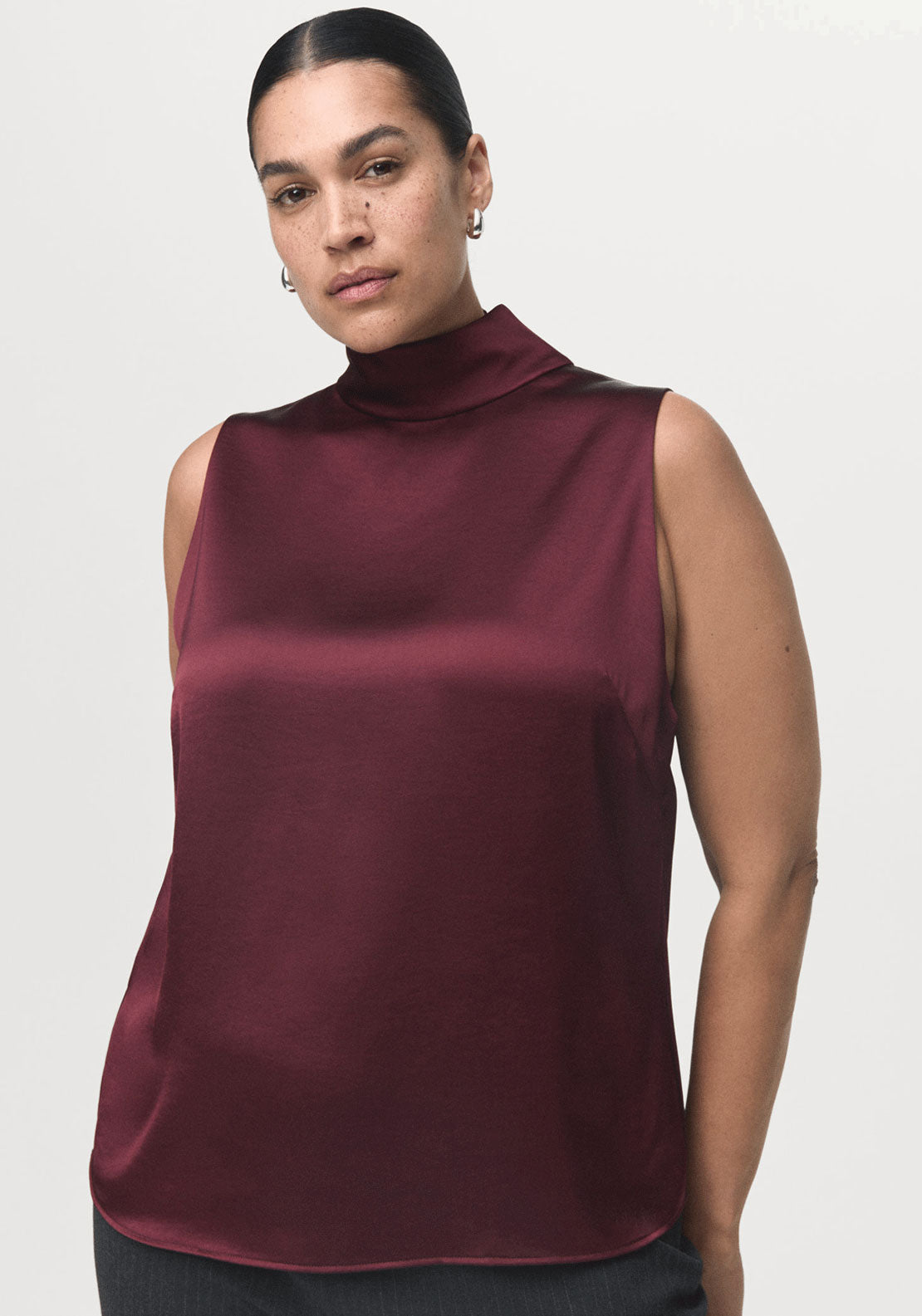 High Collar Satin Blouse - Burgundy